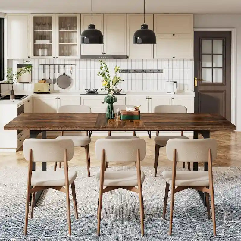 Table à manger extensible pour 6-8 personnes, table de salle à manger rectangulaire en bois avec cadre métallique