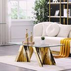 Table Basse Moderne en Verre Trempé Transparent avec Base Géométrique pour Salon