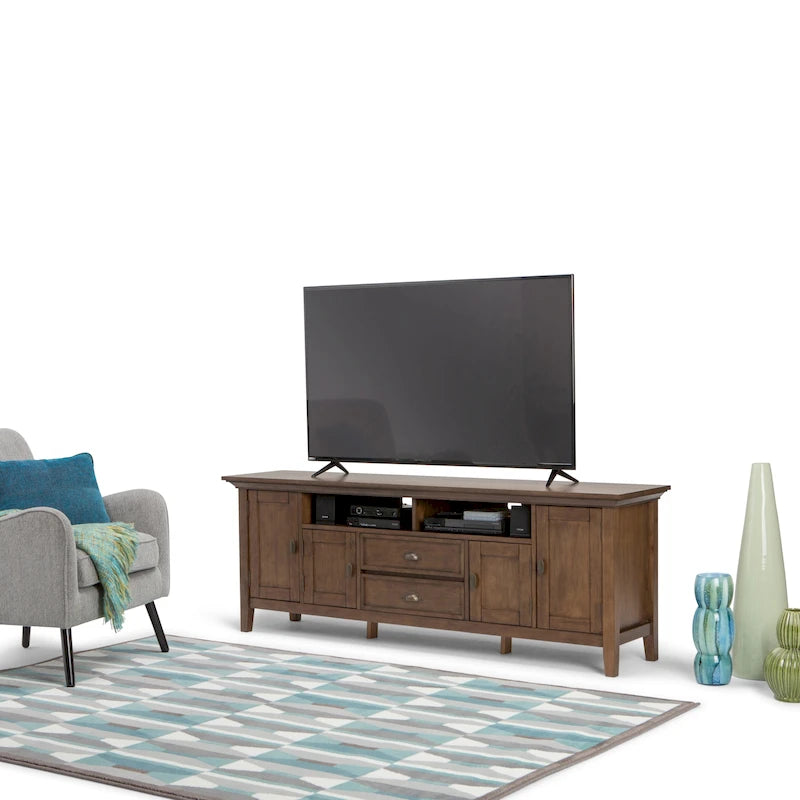 Meuble TV transitionnel en BOIS MASSIF Mansfield de 72 pouces de large pour téléviseurs jusqu'à 80 pouces - 72 L x 16,5 P x 26 H