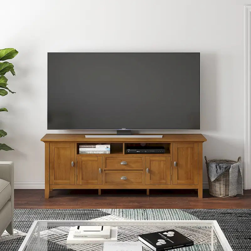 Meuble TV transitionnel en BOIS MASSIF Mansfield de 72 pouces de large pour téléviseurs jusqu'à 80 pouces - 72 L x 16,5 P x 26 H