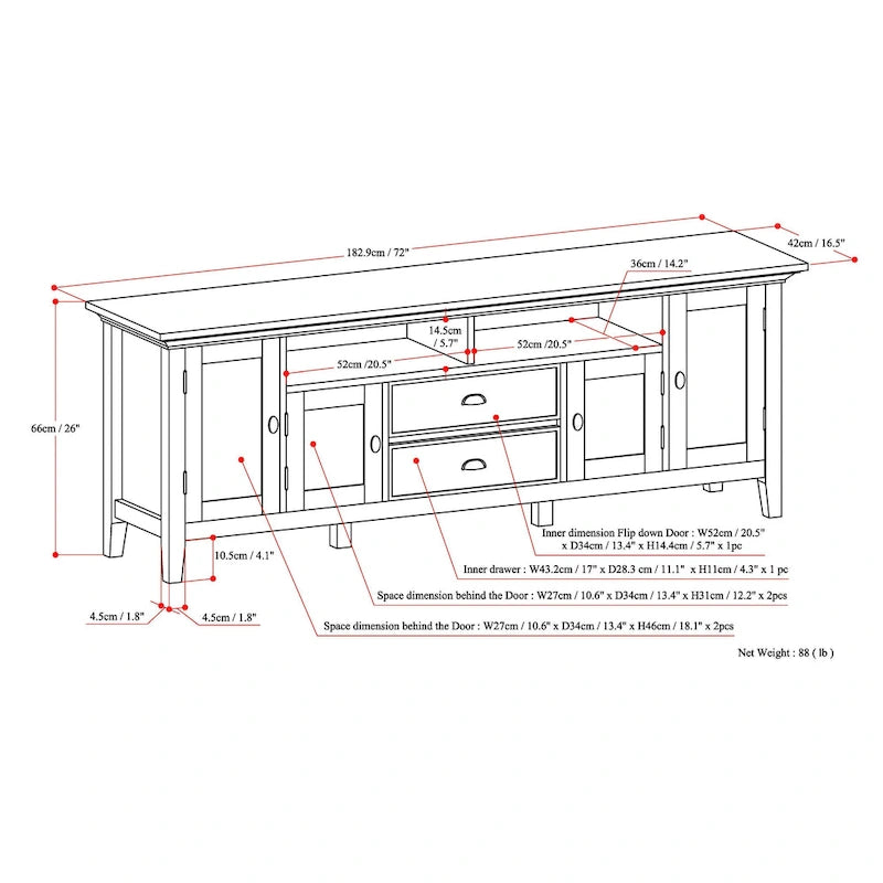 Meuble TV transitionnel en BOIS MASSIF Mansfield de 72 pouces de large pour téléviseurs jusqu'à 80 pouces - 72 L x 16,5 P x 26 H