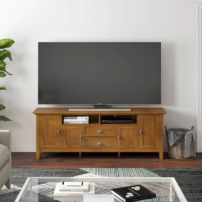 Meuble TV transitionnel en BOIS MASSIF Mansfield de 72 pouces de large pour téléviseurs jusqu'à 80 pouces - 72 L x 16,5 P x 26 H