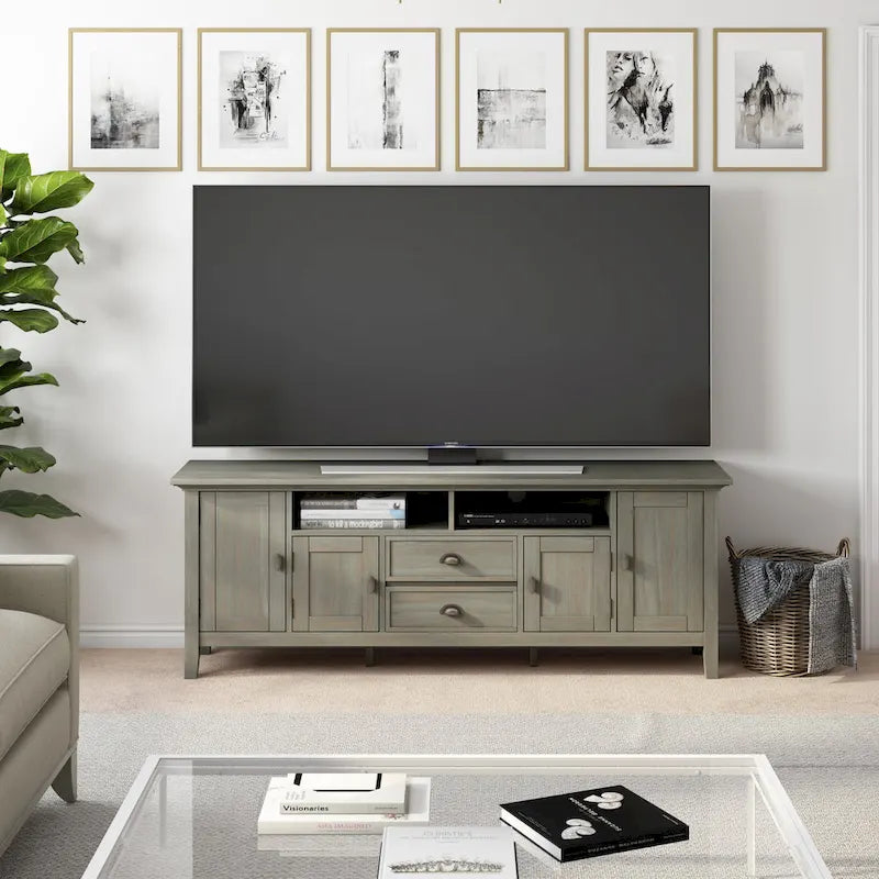 Meuble TV transitionnel en BOIS MASSIF Mansfield de 72 pouces de large pour téléviseurs jusqu'à 80 pouces - 72 L x 16,5 P x 26 H