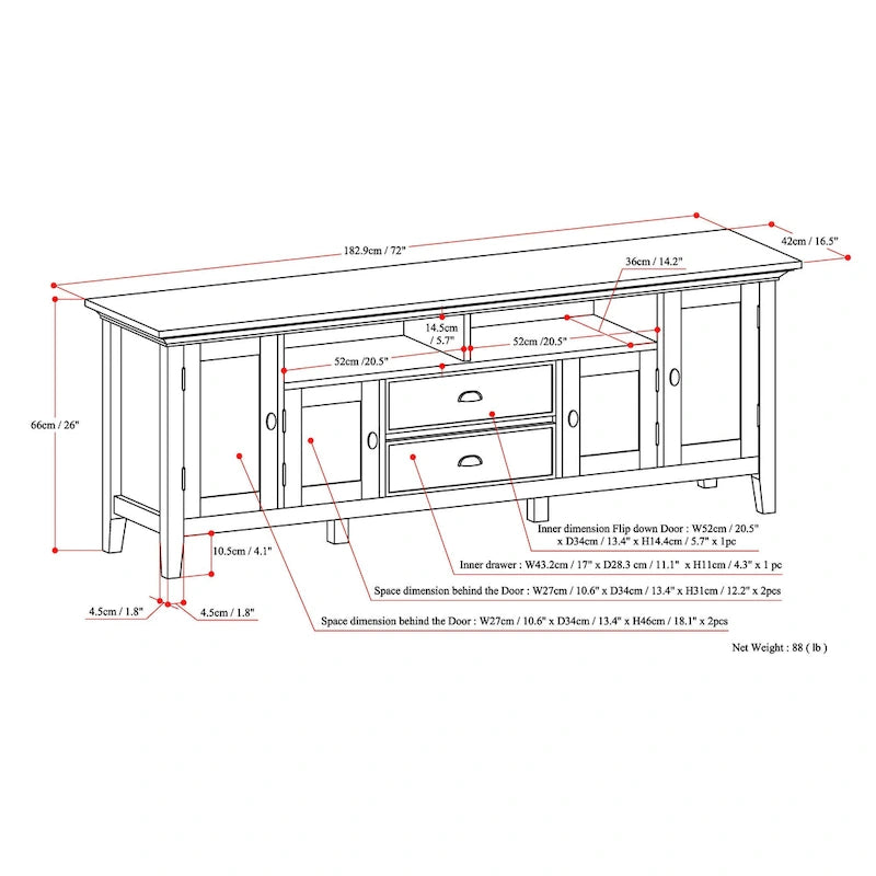 Meuble TV transitionnel en BOIS MASSIF Mansfield de 72 pouces de large pour téléviseurs jusqu'à 80 pouces - 72 L x 16,5 P x 26 H