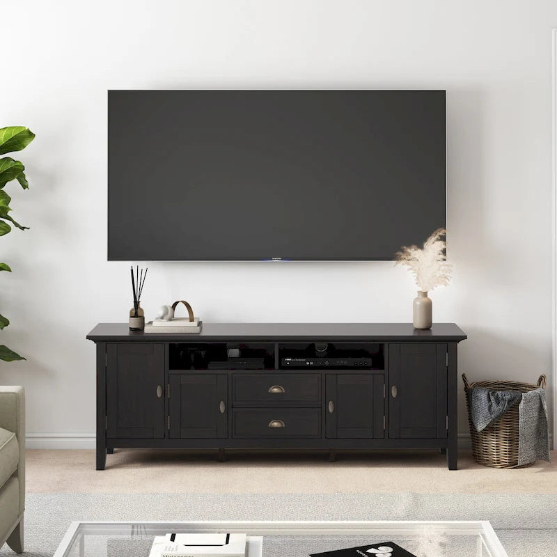 Meuble TV transitionnel en BOIS MASSIF Mansfield de 72 pouces de large pour téléviseurs jusqu'à 80 pouces - 72 L x 16,5 P x 26 H