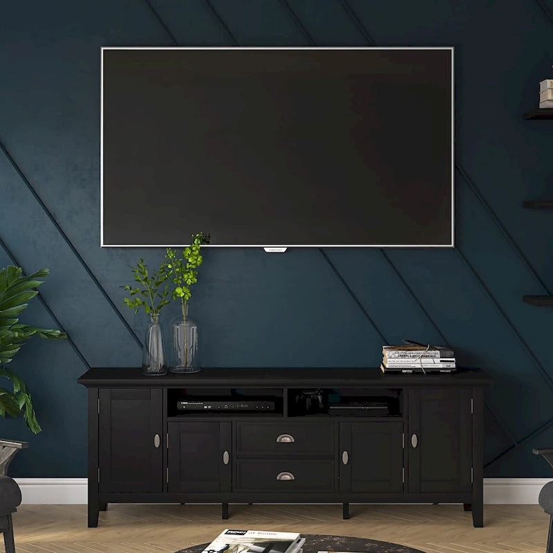 Meuble TV transitionnel en BOIS MASSIF Mansfield de 72 pouces de large pour téléviseurs jusqu'à 80 pouces - 72 L x 16,5 P x 26 H