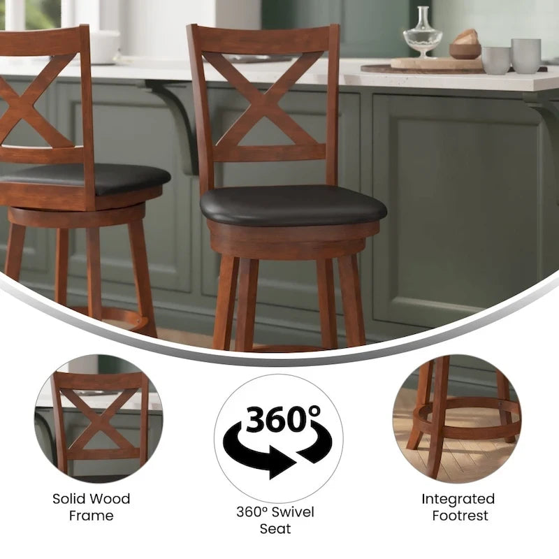 Tabouret de comptoir pivotant en bois, modèle Ladderback, capitonné et moderne