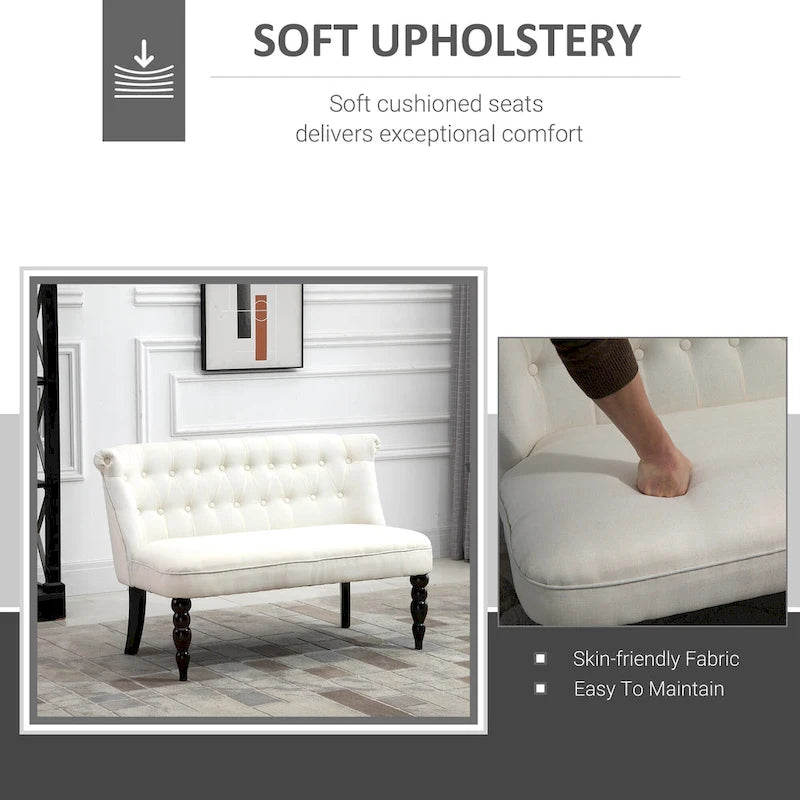 Canapé Homcom sans accoudoirs en tissu rembourré avec capitonnage, pour salon, avec pieds en bois, blanc crème
