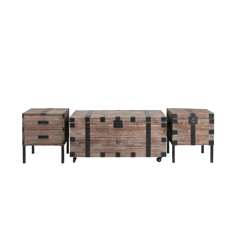 Malle et table d'appoint grises en bois de récupération antique, ensemble de 3