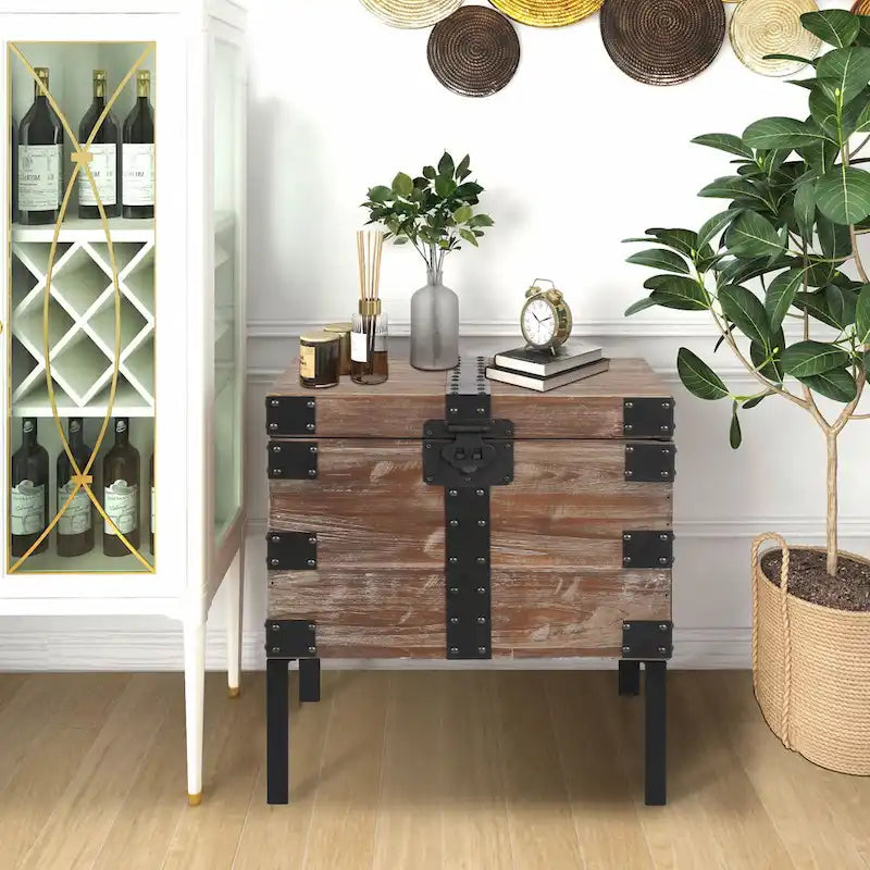 Malle et table d'appoint grises en bois de récupération antique, ensemble de 3