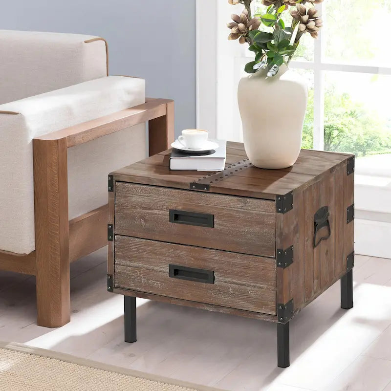 Malle et table d'appoint grises en bois de récupération antique, ensemble de 3