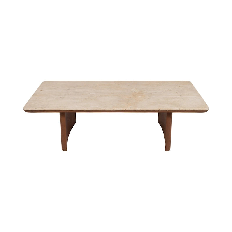 Table basse élégante en acacia et travertin pour un intérieur moderne