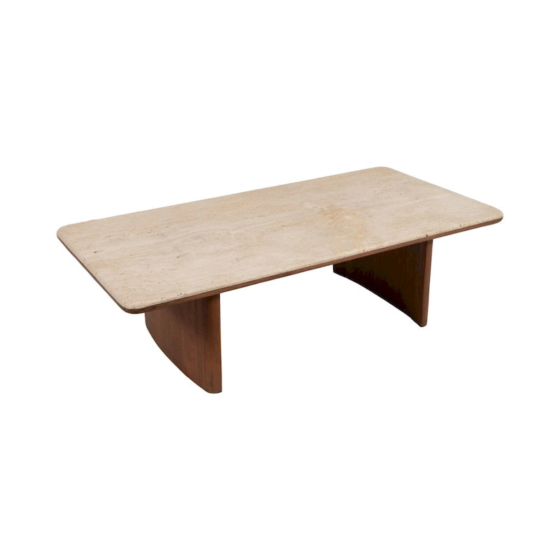 Table basse élégante en acacia et travertin pour un intérieur moderne