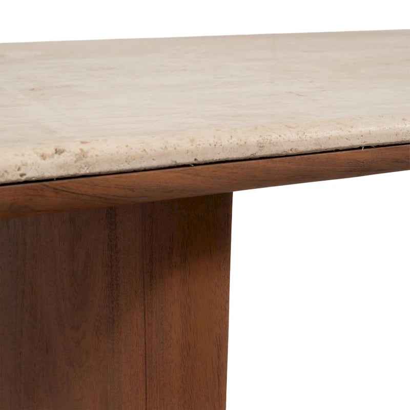 Table basse élégante en acacia et travertin pour un intérieur moderne