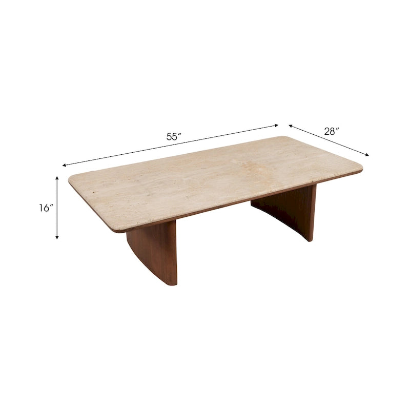 Table basse élégante en acacia et travertin pour un intérieur moderne