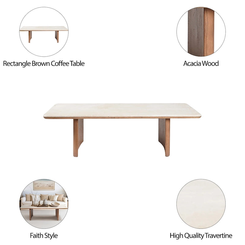 Table basse élégante en acacia et travertin pour un intérieur moderne