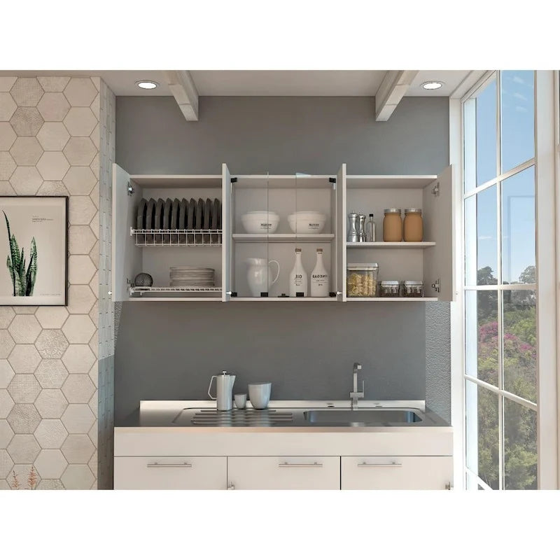 Meuble haut Superior 150 avec portes vitrées, 2 meubles doubles, 4 étagères intérieures, égouttoir et égouttoir à tasses - N/A