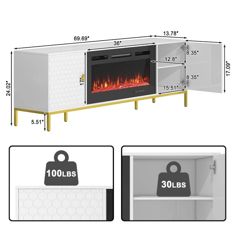 Meuble TV de 70 po avec cheminée électrique de 36 po à feu de bois