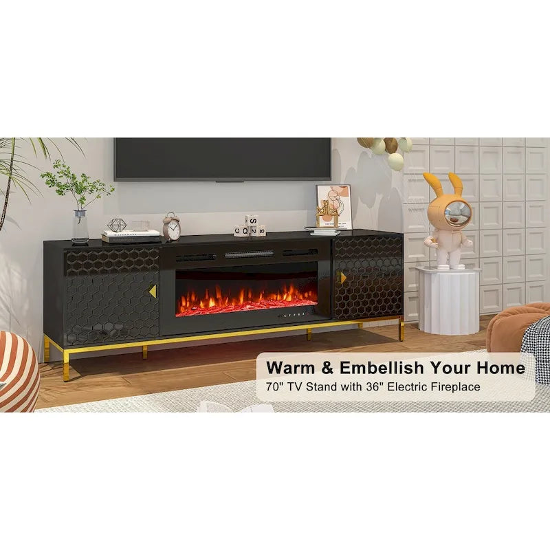 Meuble TV de 70 po avec cheminée électrique de 36 po à feu de bois