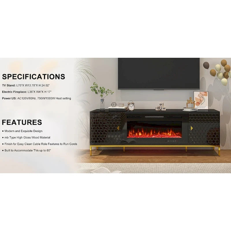 Meuble TV de 70 po avec cheminée électrique de 36 po à feu de bois