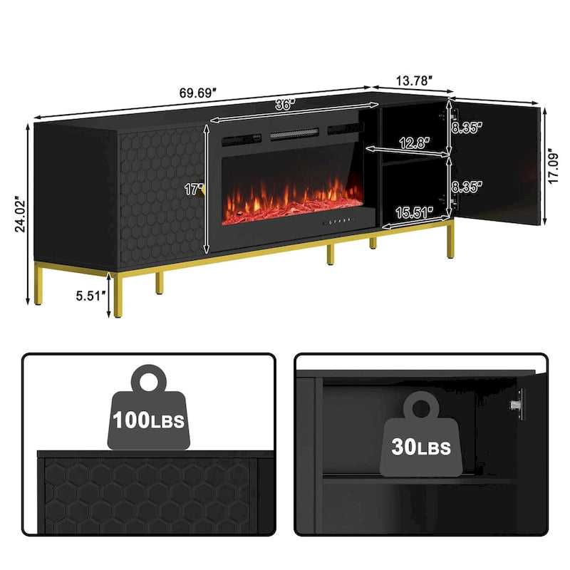 Meuble TV de 70 po avec cheminée électrique de 36 po à feu de bois