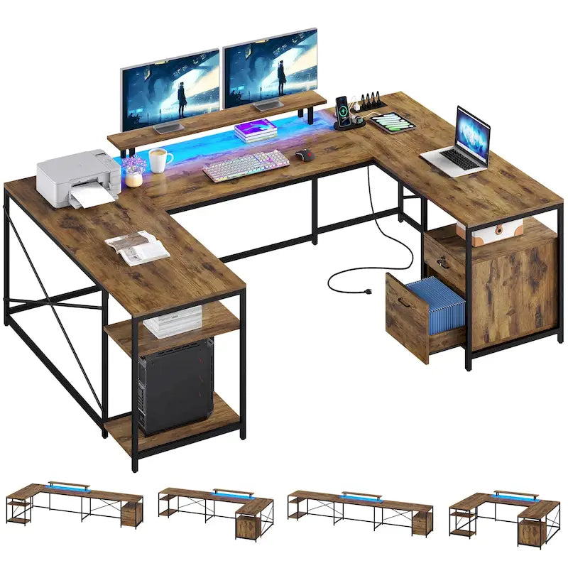 Bureau d'ordinateur en U ou en L à LED réversible pour gamer et télétravail avec prises de courant