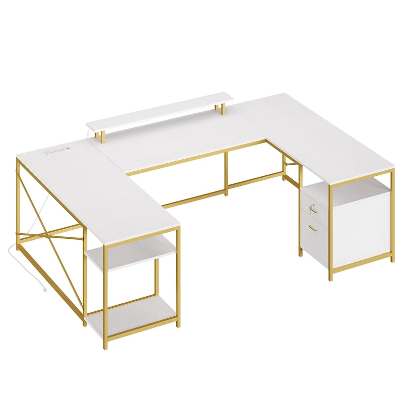 Bureau d'ordinateur en U ou en L à LED réversible pour gamer et télétravail avec prises de courant