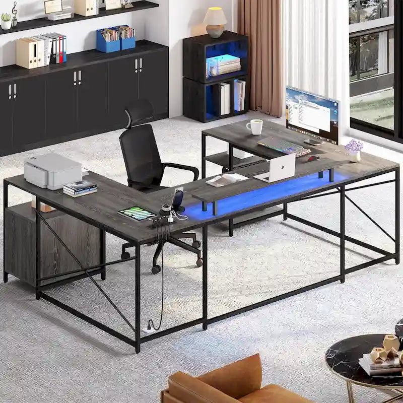 Bureau d'ordinateur en U ou en L à LED réversible pour gamer et télétravail avec prises de courant