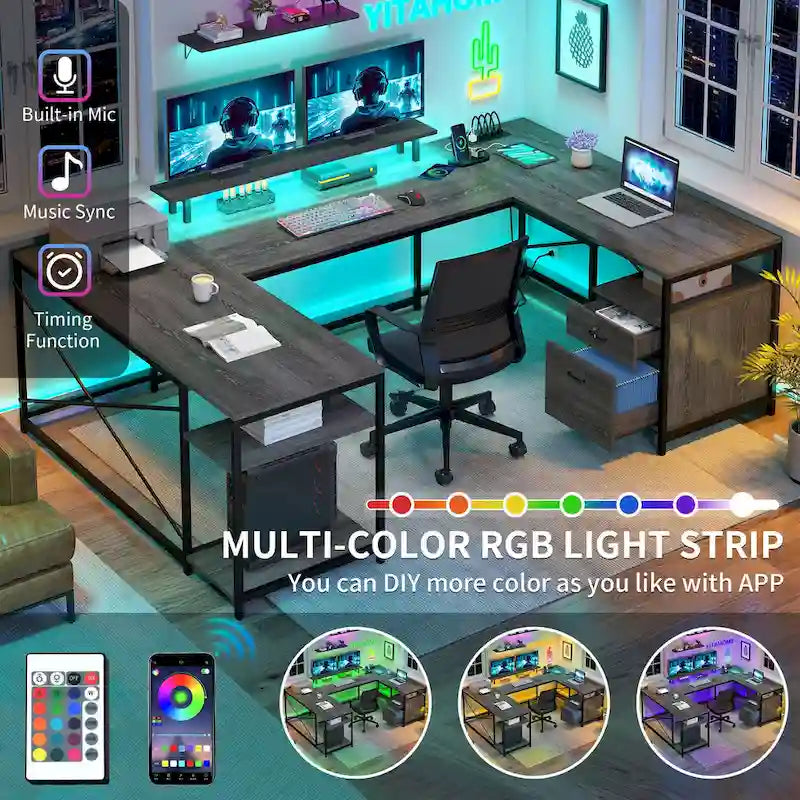 Bureau d'ordinateur en U ou en L à LED réversible pour gamer et télétravail avec prises de courant