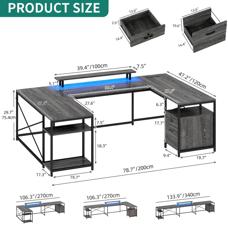 Bureau d'ordinateur en U ou en L à LED réversible pour gamer et télétravail avec prises de courant
