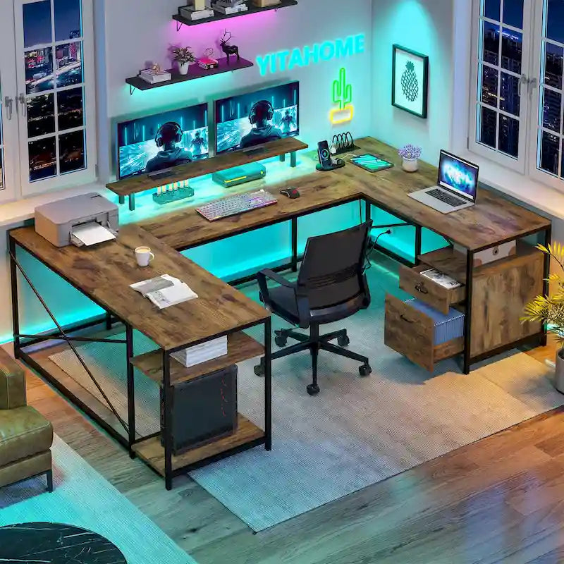 Bureau d'ordinateur en U ou en L à LED réversible pour gamer et télétravail avec prises de courant