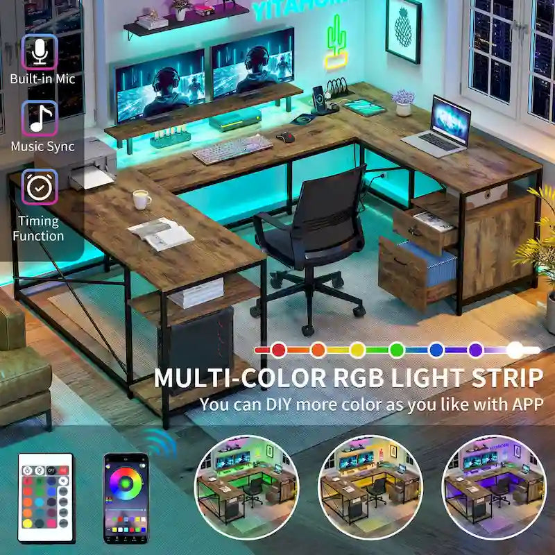 Bureau d'ordinateur en U ou en L à LED réversible pour gamer et télétravail avec prises de courant