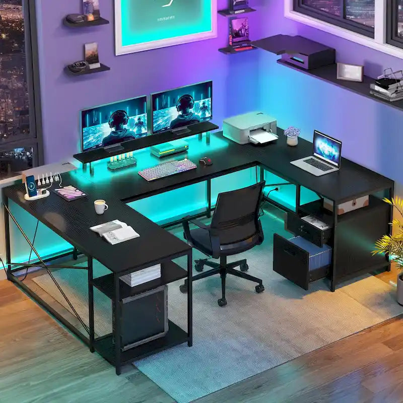 Bureau d'ordinateur en U ou en L à LED réversible pour gamer et télétravail avec prises de courant