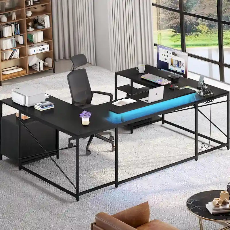 Bureau d'ordinateur en U ou en L à LED réversible pour gamer et télétravail avec prises de courant