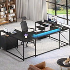 Bureau d'ordinateur en U ou en L à LED réversible pour gamer et télétravail avec prises de courant