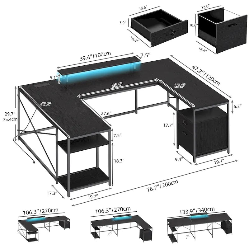 Bureau d'ordinateur en U ou en L à LED réversible pour gamer et télétravail avec prises de courant