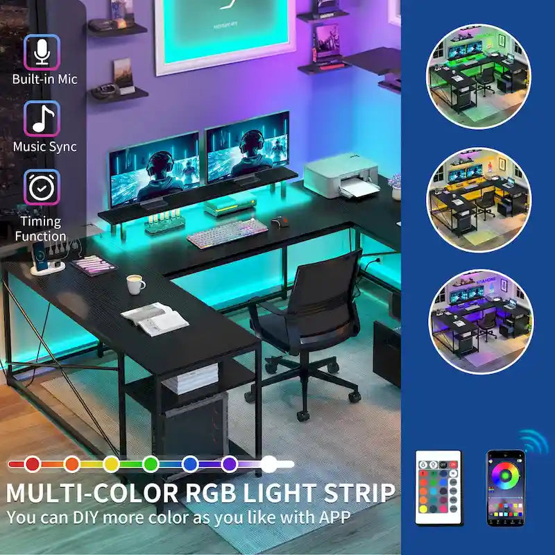 Bureau d'ordinateur en U ou en L à LED réversible pour gamer et télétravail avec prises de courant