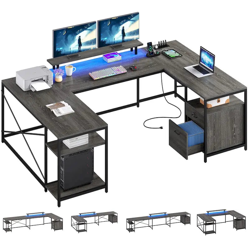 Bureau d'ordinateur en U ou en L à LED réversible pour gamer et télétravail avec prises de courant