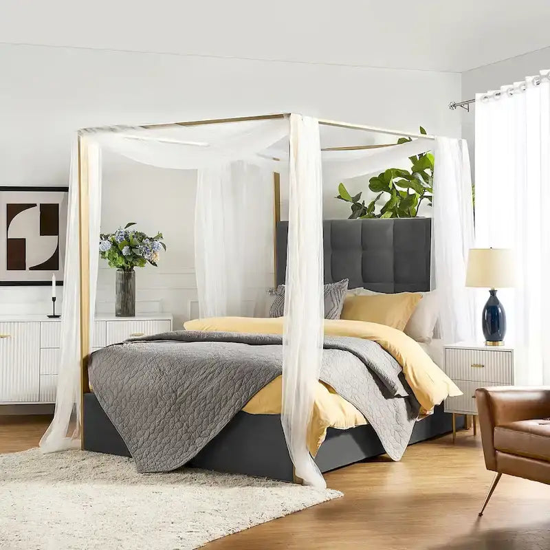 Lit à baldaquin Queen Size Milton contemporain rembourré par