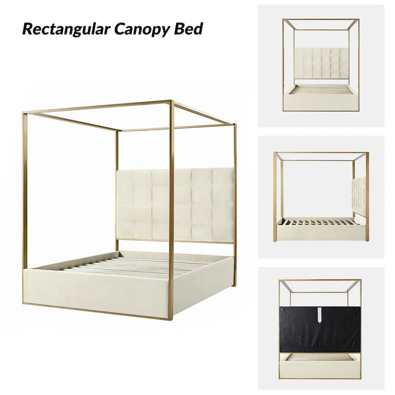 Lit à baldaquin Queen Size Milton contemporain rembourré par