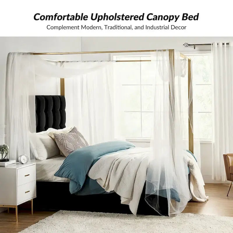 Lit à baldaquin Queen Size Milton contemporain rembourré par