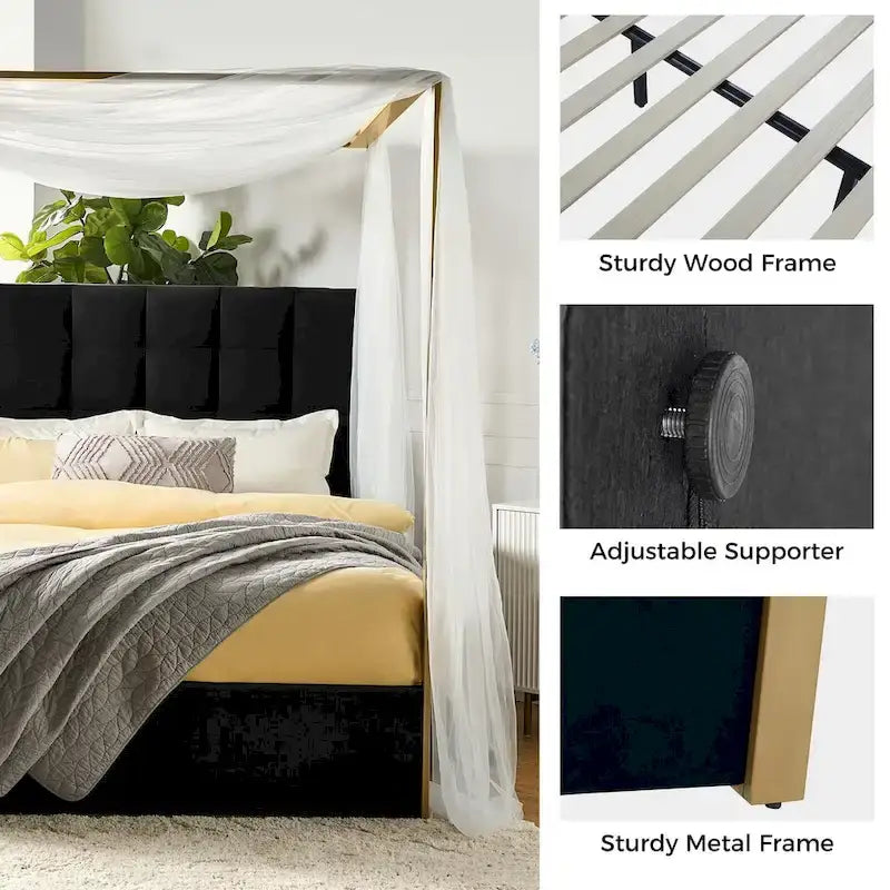 Lit à baldaquin Queen Size Milton contemporain rembourré par