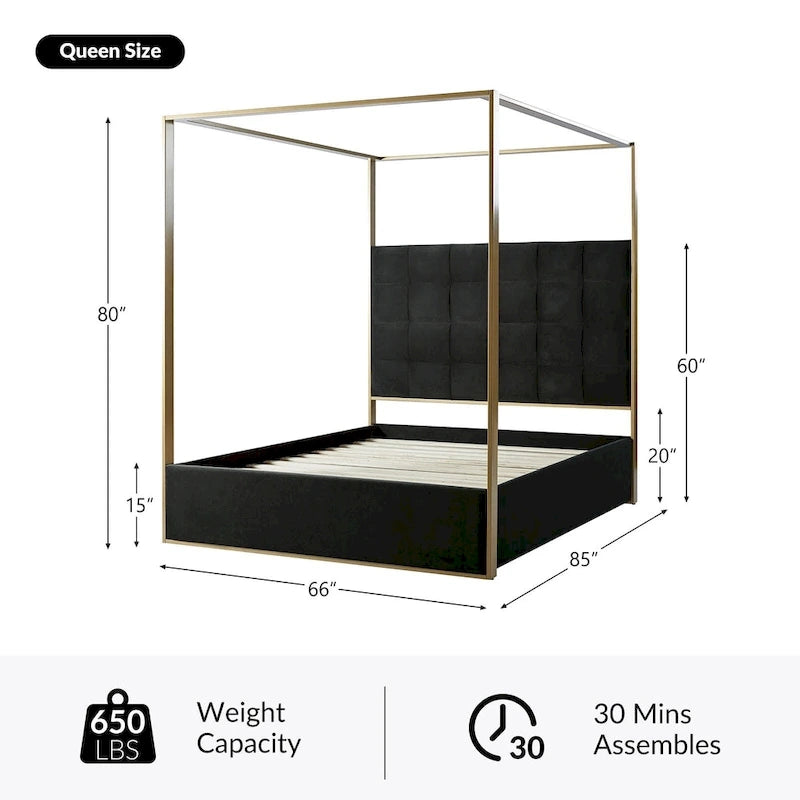 Lit à baldaquin Queen Size Milton contemporain rembourré par