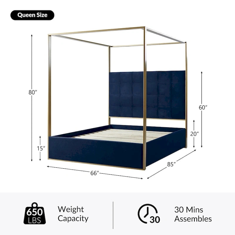 Lit à baldaquin Queen Size Milton contemporain rembourré par