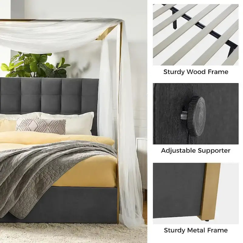 Lit à baldaquin Queen Size Milton contemporain rembourré par