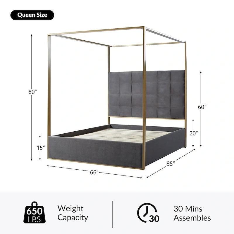 Lit à baldaquin Queen Size Milton contemporain rembourré par