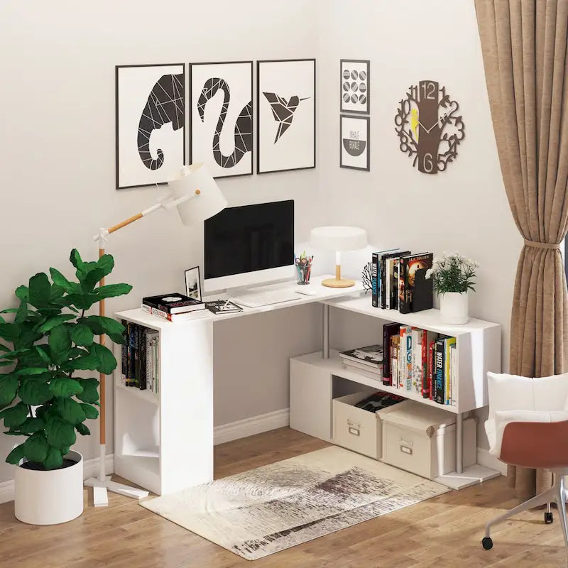 Bureau d'angle pivotant 55 pouces : Poste de travail en L avec étagères de rangement