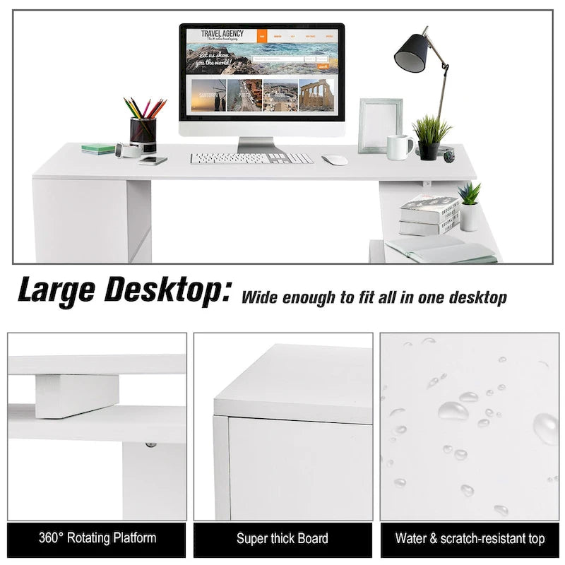 Bureau d'angle pivotant 55 pouces : Poste de travail en L avec étagères de rangement