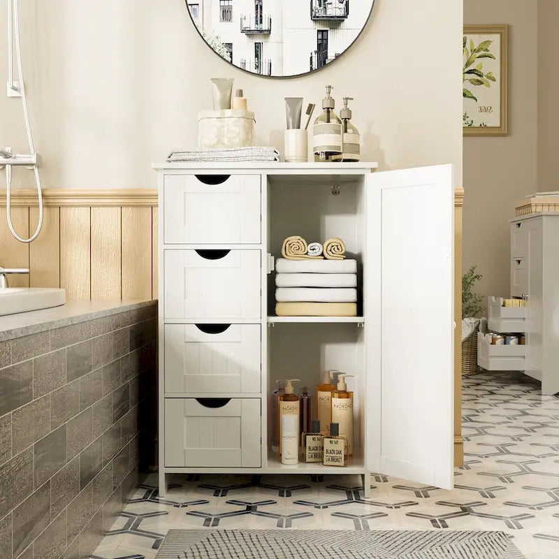  Wooden Bathroom Cabinet, Freestanding Storage Cabinet with 4 Drawers and 1 Cupboard