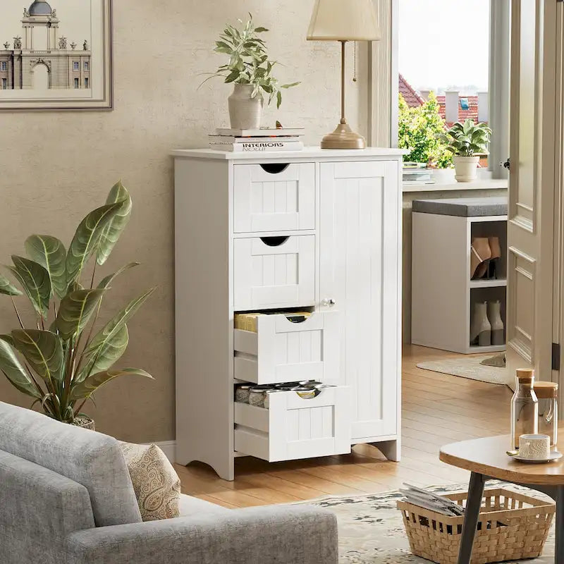 Meuble de salle de bain en bois, meuble de rangement autonome avec 4 tiroirs et 1 placard